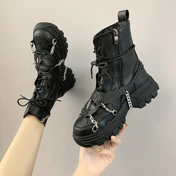 Femei pantofi platforma, cizme punk gotice pentru femei cizme cizme de luptă doamnelor cizme negre de metal buton femeie cizme motocicleta