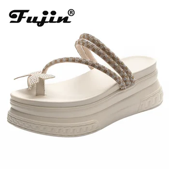 Fujin 7cm Stras Piele naturala pentru Femei Papuci Platforma Wedge Flip-Flops Aluneca pe Platforma Apartamente Elegante Femei Pantofi de Vara