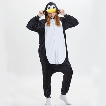Kigurumi Pinguin Negru Flanel Scutec Animal Adult dintr-O bucata Pijama Cosplay Homewear Sleepwear Salopeta Costum pentru Femei Barbati