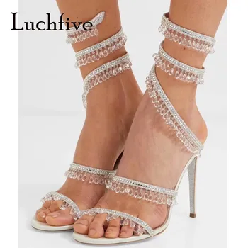 Luchfive Bling Bling Cristal Sandale Ștrasuri Din Mărgele Spiralat Curea Glezna Cu Toc Înalt Pantofi De Partid Vara Gladiator Sandale Strappy Femeie