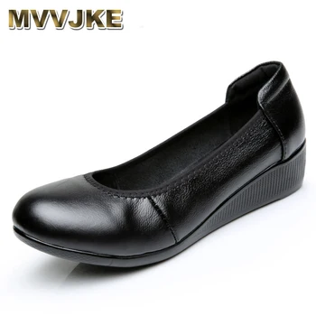 MVVJKESummer Negru Felii de 4 cm Toc Balerini Femei Pantofi din Piele naturală Silp-Pe Plat Munca de Birou Pantofi Confortabil Femei