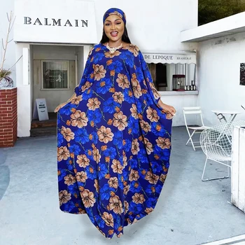 Nou musulman din Africa Rochii Pentru Femei Boubou Halat 2022 Noutate Kanga Îmbrăcăminte de Imprimare Șifon Florale V-neck Maxi Haine Cu Hijab