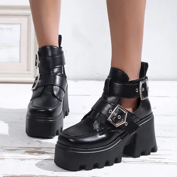Pantofi pentru femei din Metal Decor Cizme Femei Tocuri Platforma Negru Gotic Glezna Curea Catarama Doamnelor Cizme Scurte Moderne Cizme