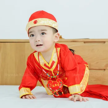 Stil Tradițional Chinezesc Copii Baby Tang Costum De Băiat Fată De Anul Nou Set Haine Copii Rosu Topuri Pantaloni Retro Jachete Cardigan Pălărie