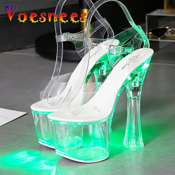 Voesnees Femei Pantofi Sandale Ușoare Clar Toc Multicolor emițătoare de Lumină Platforma Catarama Curea Tocuri de 18 cm Toc Pătrat Etapă