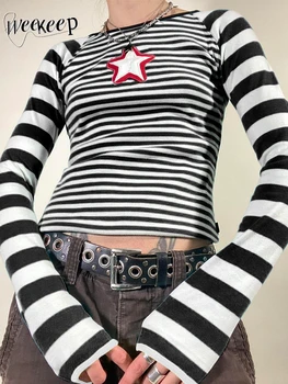 Weekeep Toamna Tricou Vintage Star Print cu Dungi cu Maneci Lungi Crop Top pentru Femei Harajuku Casual, Pulovere y2k Estetice Doamnelor