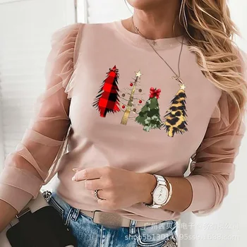 Wepbel Crăciun Tricouri Topuri Pentru Femei Pink Dot Mesh Cu Margele De Transfer De Căldură De Imprimare Bluze Camasi Cusaturi Maneci Lungi, O-Neck Top