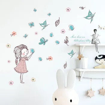 Zbor de Fluture Fata Autocolante de Perete Dormitor Fete de Acasă Decorare Artă Murală Autocolante de Desene animate Tapet Camera Copiilor